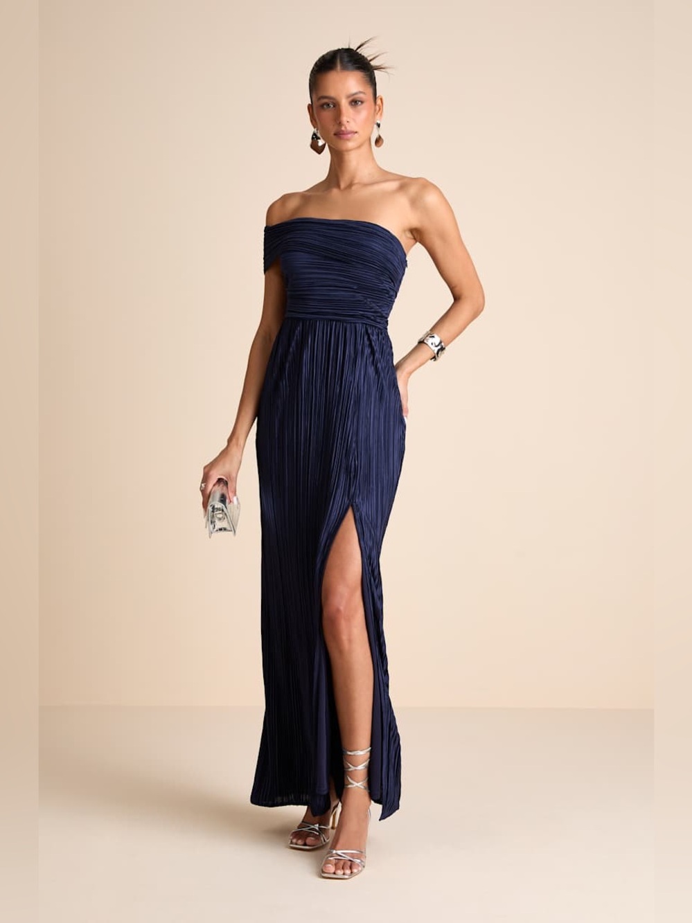 NWT Lulus Poised Performance Navy Plisse One-Shoulder Maxi Dress Size Small